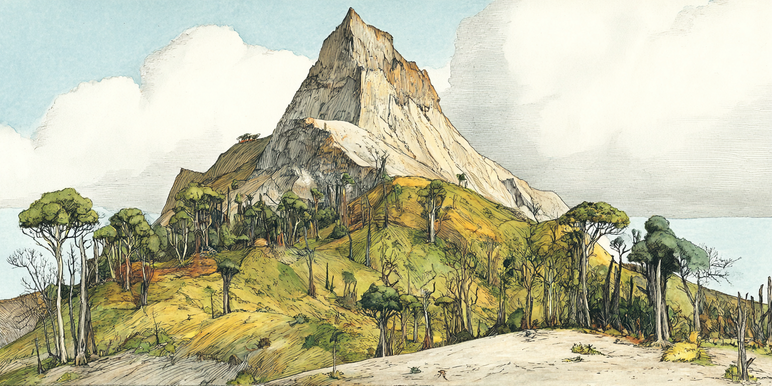 The Mountain is Sacred-place -- a luminous peak ascending into cosmic mist, evoking Yggdrasil and the nine worlds of Norse cosmology